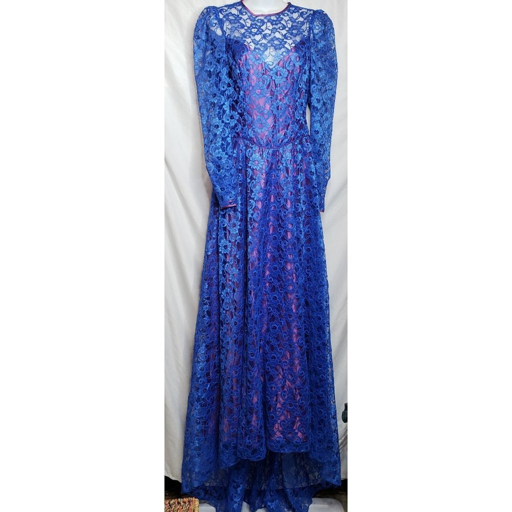 Vintage Formal Blue Lace Dress Purple Trim And Bows Union Made Prom 80s Retro